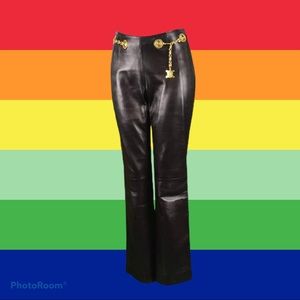 🐮 Celine Vintage Leather Pants-Gold Chain Detail